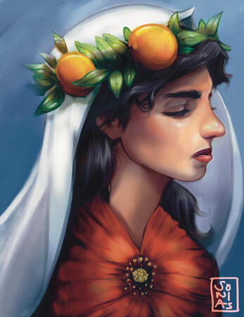 A Palestinian girl with plant emblems.