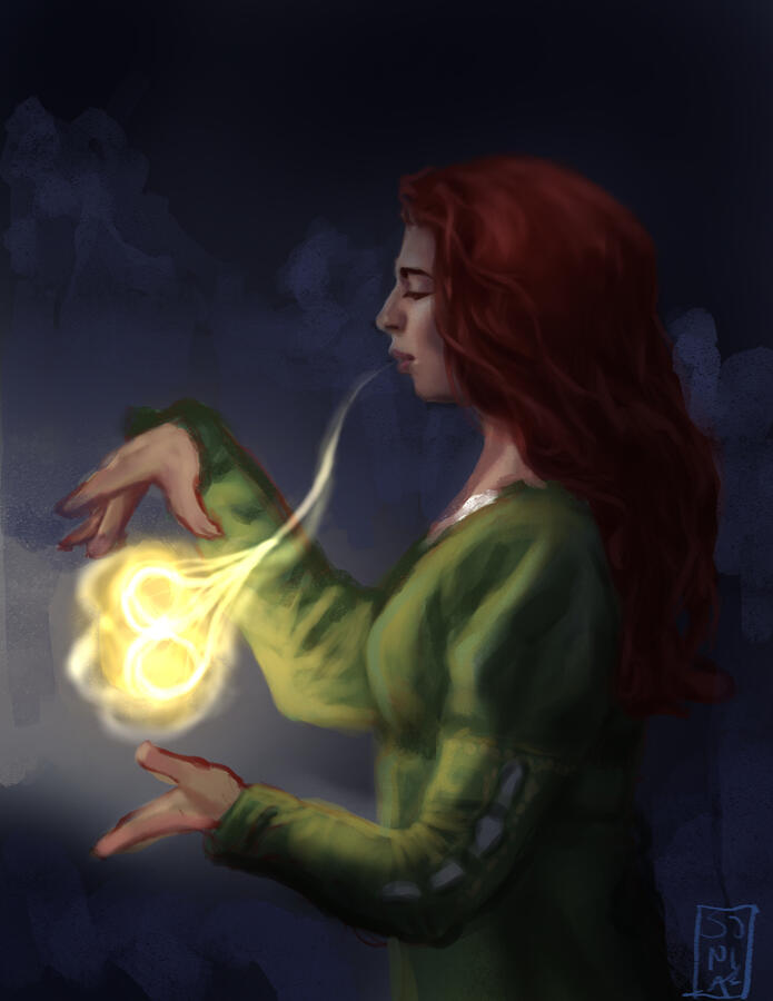 A red haired woman in a green dress spinning a spell.